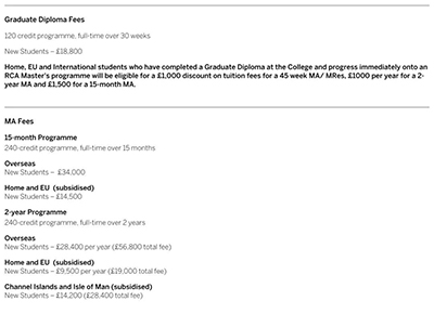 RCA Royal College of Arts Master's tuition RCA Royal College of Arts Master's tuition