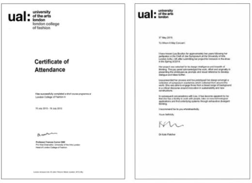 UAL completion certificate and tutor recommendation letter UAL completion certificate and tutor recommendation letter