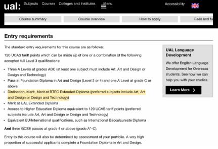 Requirements of UAL for BTEC degree Requirements of UAL for BTEC degree
