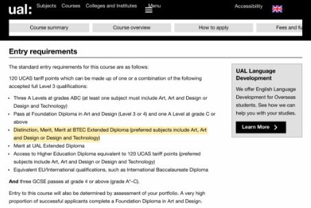Requirements of UAL for BTEC degree Requirements of UAL for BTEC degree