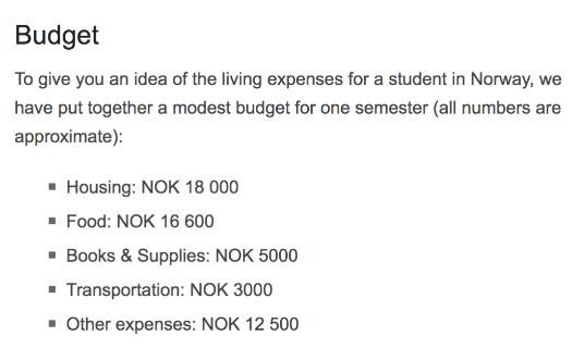 The University College of Oslo lists the estimated cost of students for one semester, which is less than 4w The University College of Oslo lists the estimated cost of students for one semester, which is less than 4w