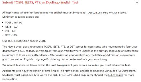 Parsons' application language requirements Parsons' application language requirements