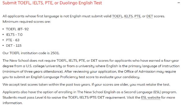 Parsons' application language requirements Parsons' application language requirements