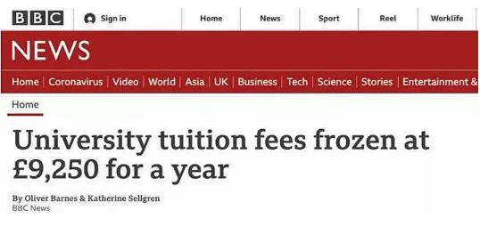 College tuition in England will be frozen next academic year. The maximum cost will be £ 9250/year College tuition in England will be frozen next academic year. The maximum cost will be £ 9250/year