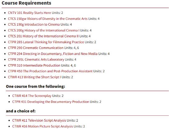 Course content of USC Film Academy Course content of USC Film Academy